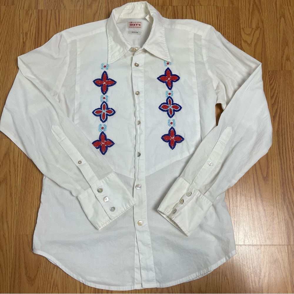 Men's White Shirt with Red and Blue Embroidery